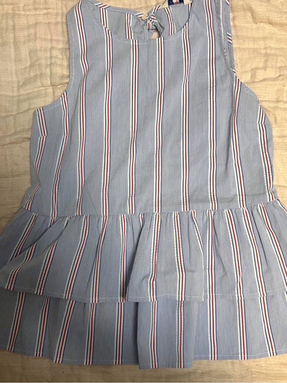Striped Sleeveless Peplum Top in Light Blue with Red & White Stripes